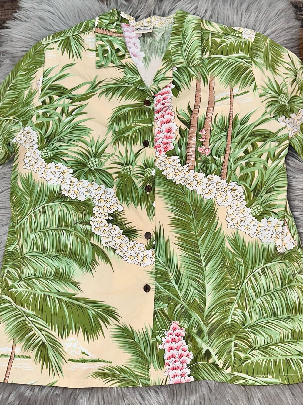 Go Barefoot Vintage Tropical Palm Print Button-Up Shirt in Green & Cream Men’s M